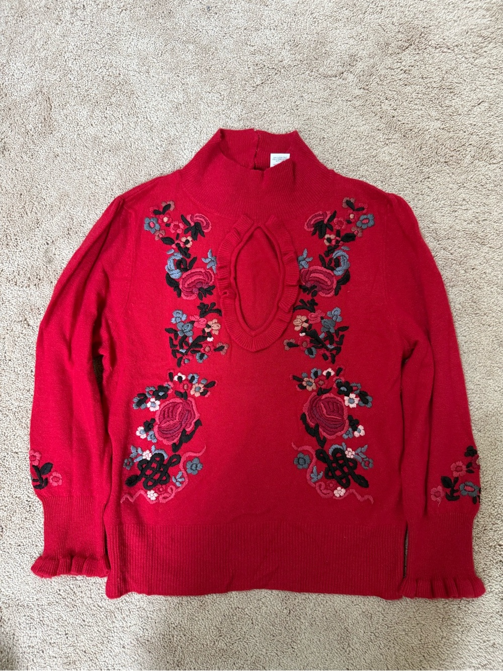 Nanette Lepore Red Floral Embroidered Turtleneck Sweater